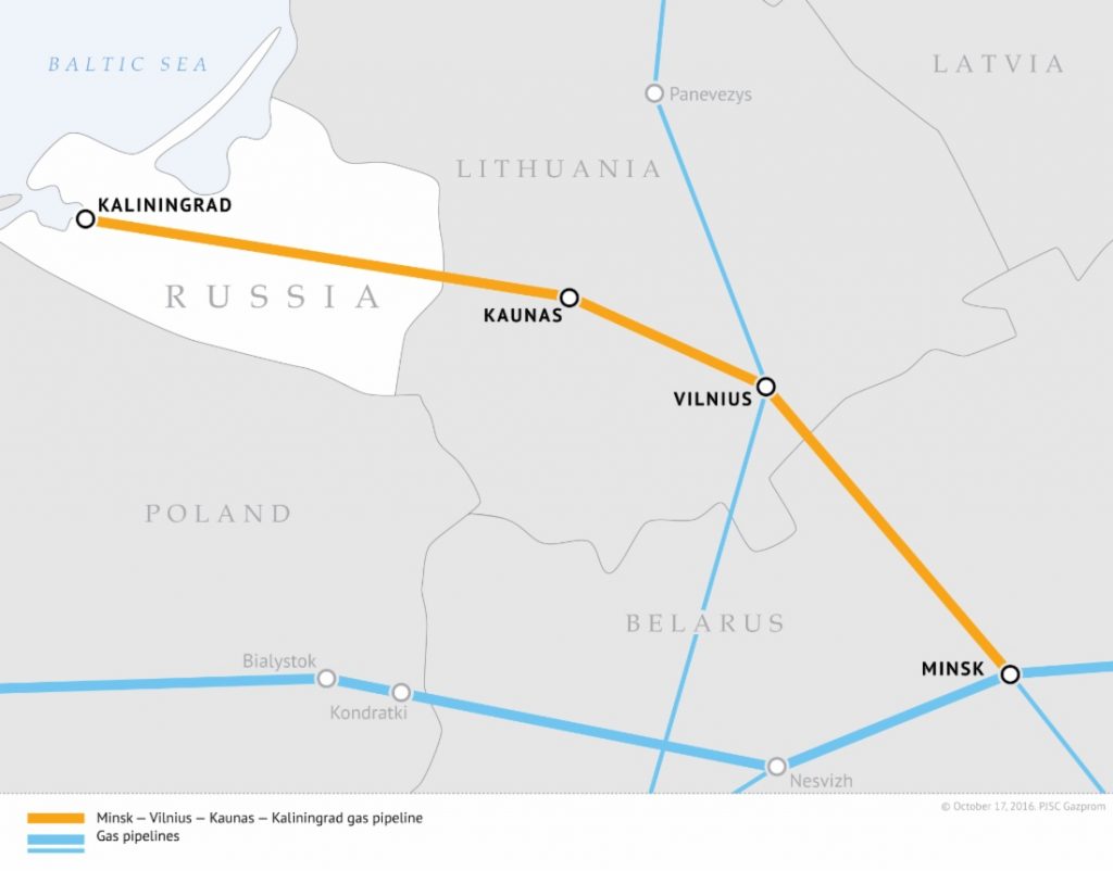 A Minszk-Vilnius-Kaunas-Kalinyingrád csővezeték. Forrás: Gazprom. azüzlet.hu